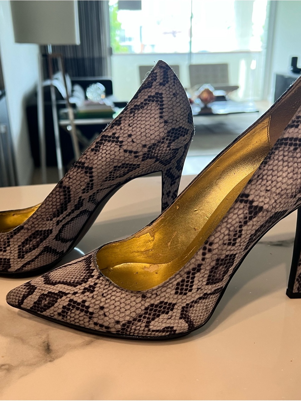 Stella McCartney Snake-Print Pointed Pumps in silvery gray and black.  NEW!
